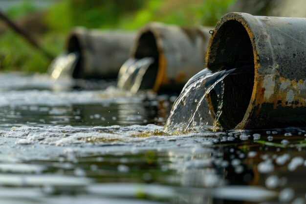 Foto concepto de daño ambiental tubería de descarga de aguas residuales industriales y de fábricas en el canal y aguas sucias del mar
