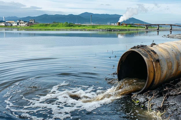 Concepto de daño ambiental Tubería de descarga de aguas residuales industriales y de fábricas en el canal y aguas sucias del mar