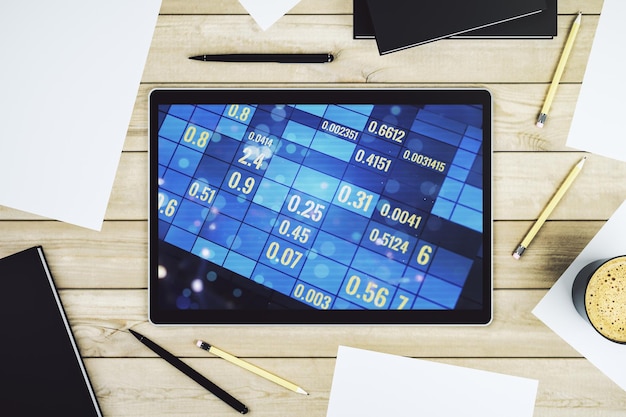 Concepto de datos de estadísticas creativas abstractas en la pantalla de la tableta digital moderna Vista superior Representación 3D