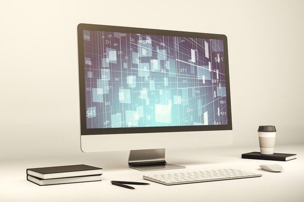 Concepto de datos de estadísticas creativas abstractas en la representación 3D de la pantalla del portátil moderno