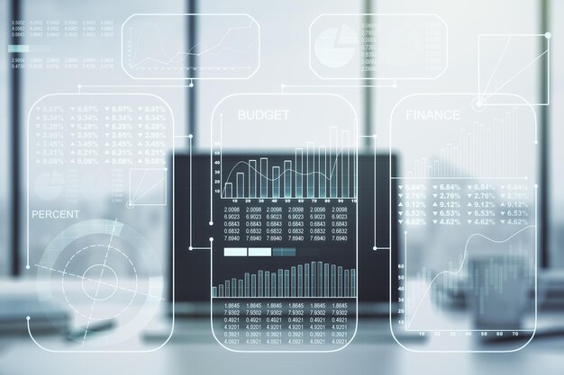 Concepto de datos de estadísticas creativas abstractas sobre fondo de computadora portátil moderna