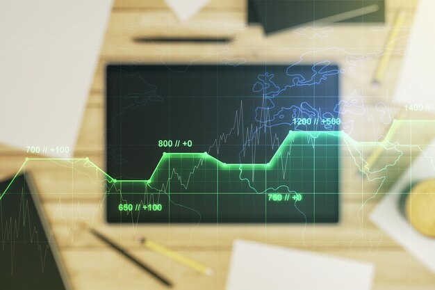 Concepto de datos de estadísticas creativas abstractas y tableta digital moderna en el fondo vista superior Multiexposición