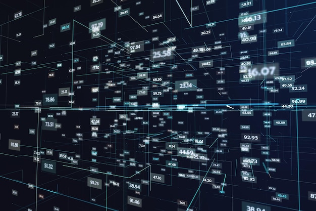 Concepto de datos estadísticos con espacio virtual con números digitales brillantes e indicadores sobre fondo oscuro abstracto