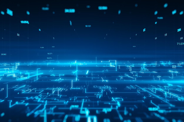 Concepto de datos de tecnología científica de complejidad y flujo de datos con representación 3D de fondo de matriz de código binario brillante azul digital