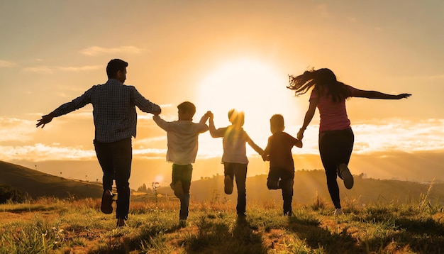 Foto concepto de familia feliz corriendo hacia un significa mejor atardecer y contraluz todos de la mano