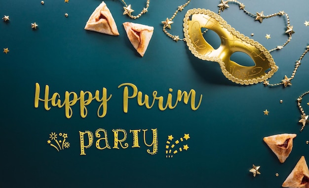 Concepto de decoración de carnaval de Purim feliz hecho de estrella de máscara dorada y brillo sobre fondo oscuro Feliz Purim en hebreo festividad judía celebrar