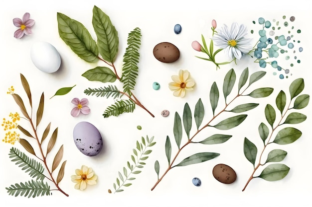 Concepto de decoración de Pascua Acuarela floral sobre fondo blanco IA generativa