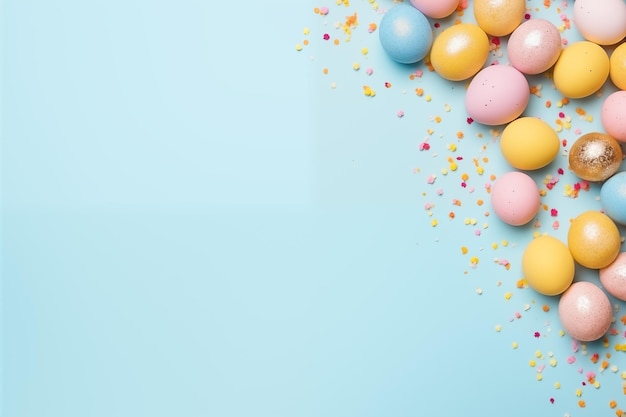 Concepto de decoración de Pascua foto de vista superior de huevos de Pascua amarillos, rosados y azules y chispitas sobre pastel aislado