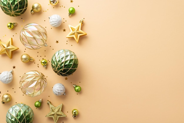 Concepto de decoraciones de Año Nuevo Foto de vista superior de adornos de estrellas de oro blanco transparente y adornos verdes y confeti sobre fondo beige aislado con espacio de copia