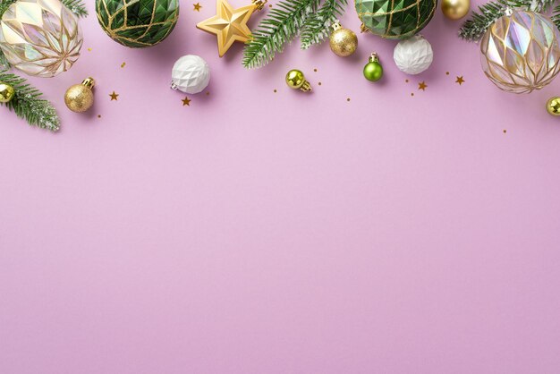 Concepto de decoraciones de árboles de Navidad Foto de vista superior de oro blanco y adornos verdes estrellas ramas de pino en escarcha y confeti brillante sobre fondo violeta pastel aislado con espacio de copia