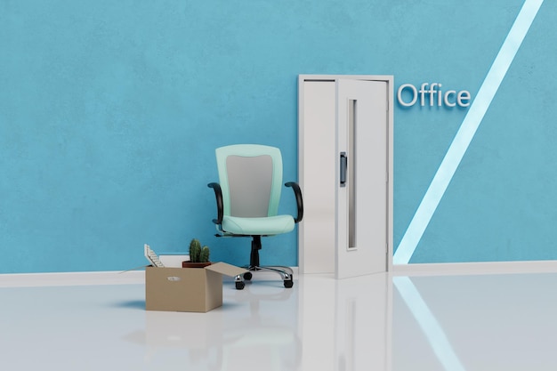 Foto el concepto de dejar una puerta de oficina abierta detrás de la cual hay una silla y una caja de cosas