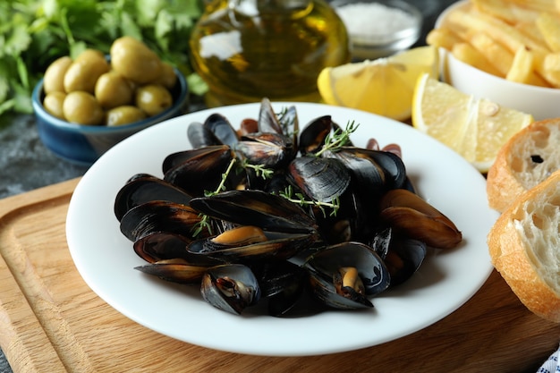 Concepto de deliciosa comida con mejillones, cerrar