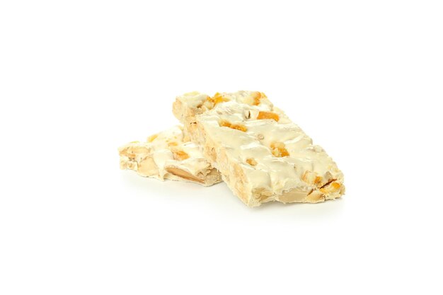 Concepto de deliciosa comida turrón aislado sobre fondo blanco.