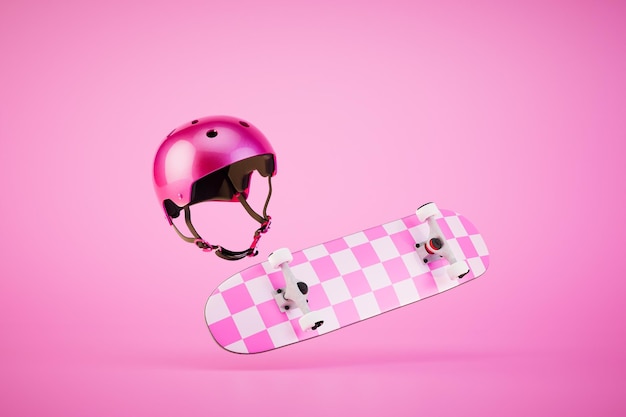 El concepto de deportes extremos Un patineta rosa y un casco protector en un fondo rosa renderizado en 3D