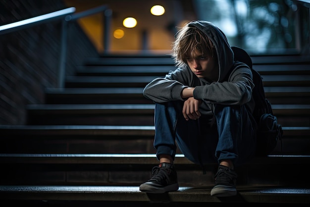 Foto concepto de depresión escolar sentado en las escaleras