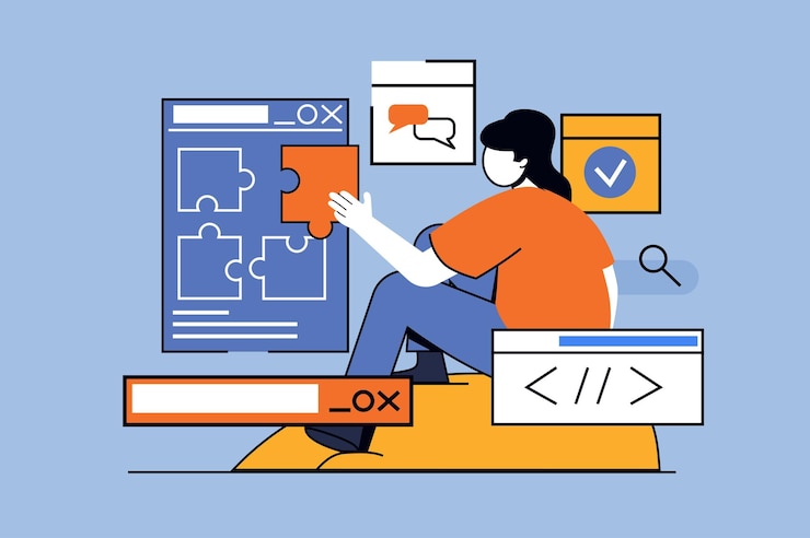 Foto concepto de desarrollo de aplicaciones con escena de personas en diseño plano para desarrollador web que crea una interfaz receptiva de usuario que trabaja con código ilustración vectorial para material de marketing de banner de redes sociales