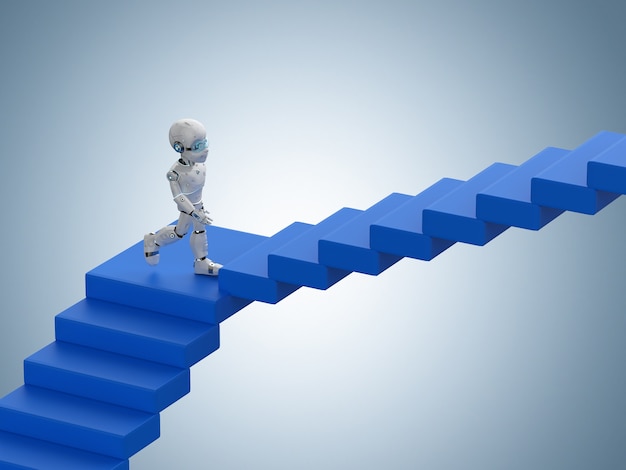 Concepto de desarrollo tecnológico con robot de renderizado 3d subir o subir escaleras