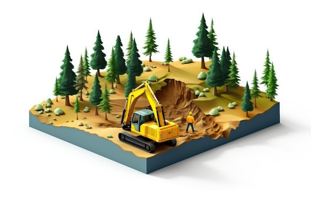 concepto de desarrollo de la tierra excavadora de compensación en el bosque isométrico y ingeniero trabajando con el trabajador minimalista