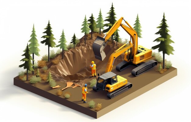 concepto de desarrollo de la tierra excavadora de compensación en el bosque isométrico y ingeniero trabajando con el trabajador minimalista