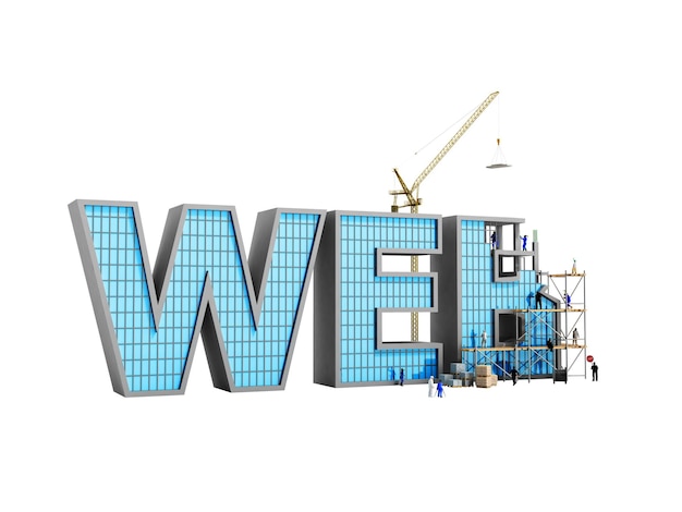 Concepto de desarrollo web Los constructores están trabajando en la inscripción WEB Ilustración 3D en blanco sin sombra