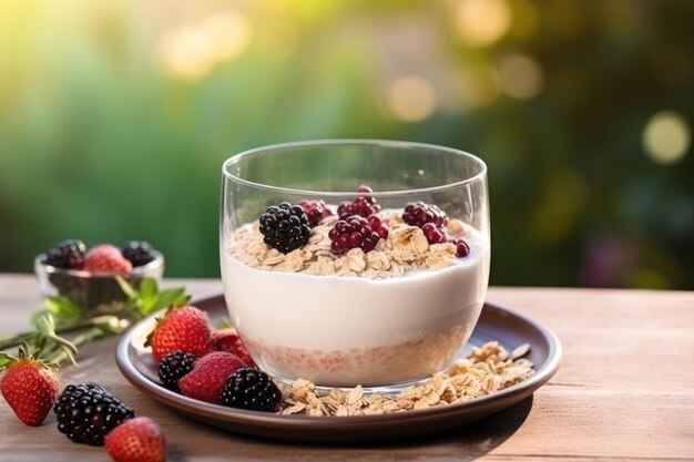 Concepto de desayuno saludable con bayas de avena leche de avena vegana y campo de cereales maduros