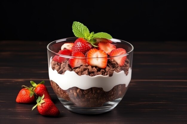 Concepto de desayuno saludable con fresas de chocolate de muesli