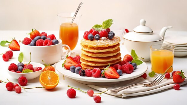 El concepto de un desayuno saludable hermoso y variado por la mañana