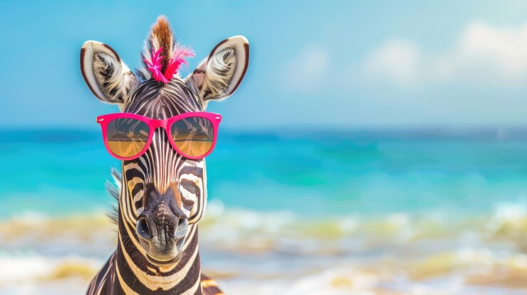 El concepto de descanso y vacaciones Cool Zebra con gafas de sol contra el telón de fondo del mar de verano