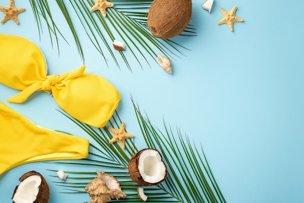 Concepto de descanso de verano Foto de vista superior de cocos estrellas de mar conchas bikini amarillo y hojas de palma sobre fondo azul pastel aislado