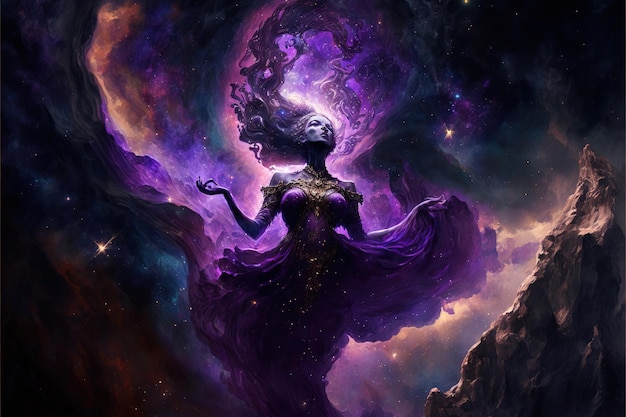 Concepto de despertar de la diosa púrpura en el arte abstracto cósmico