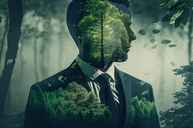 Concepto de devoción por el cuidado del medio ambiente mostrado por el hombre de negocios y la doble exposición forestal IA generativa