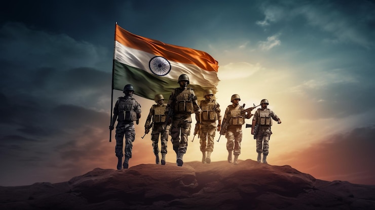 El concepto del día de la independencia de la India con los luchadores por la libertad del ejército indio sosteniendo la bandera tricolor