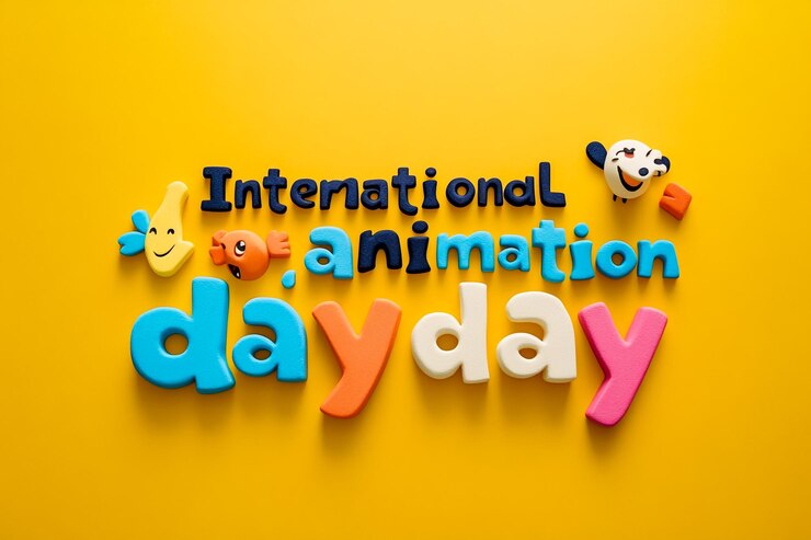 Foto el concepto del día internacional de la animación son letras divertidas y coloridas de plasticina sobre un fondo amarillo animación profesional vacaciones planas