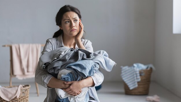 Foto el concepto del día de la lavandería fatiga mujer insatisfecha toca la mejilla y mira hacia otro lado en la infelicidad