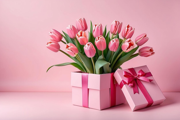 El concepto del Día de la Madre es una caja de regalos rosa elegante con un lazo de cinta y un ramo de tulipanes en un fondo rosa pastel aislado con espacio de copia