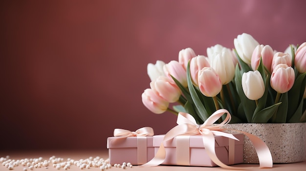El concepto del Día de la Madre es una caja de regalos rosa elegante con un lazo de cinta y un ramo de tulipanes en un fondo rosa pastel aislado con espacio de copia