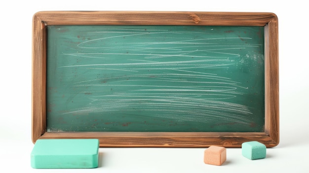 Foto concepto del día del maestro tabla verde y borrador aislados sobre fondo blanco