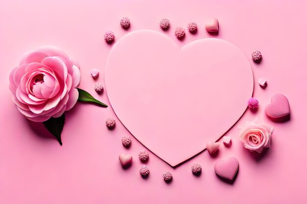 Concepto del Día de la Mujer Foto de vista superior del círculo blanco rosa peonía rosa y chispitas en forma de corazón