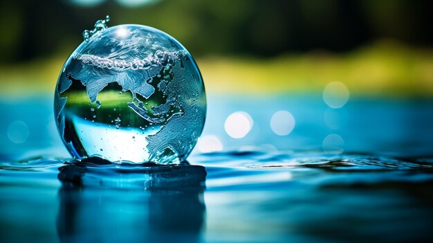 Foto el concepto del día mundial del agua con el mundo en la gota de agua limpia y las ondas de agua azul dulce diseño de conservación del medio ambiente y concepto temático de ecología los elementos de esta imagen proporcionados por la nasa