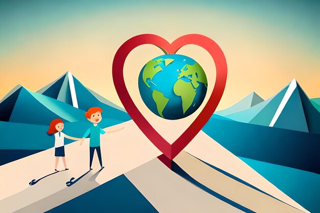 Foto concepto del día mundial del corazón: una familia tomándose de la mano en la línea de los latidos del corazón junto con la tierra