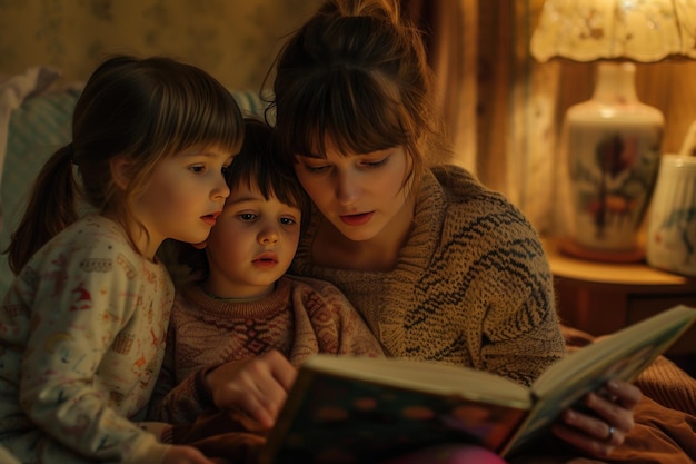 Foto el concepto de día mundial del libro madre lee un libro a dos hijos ia generativa