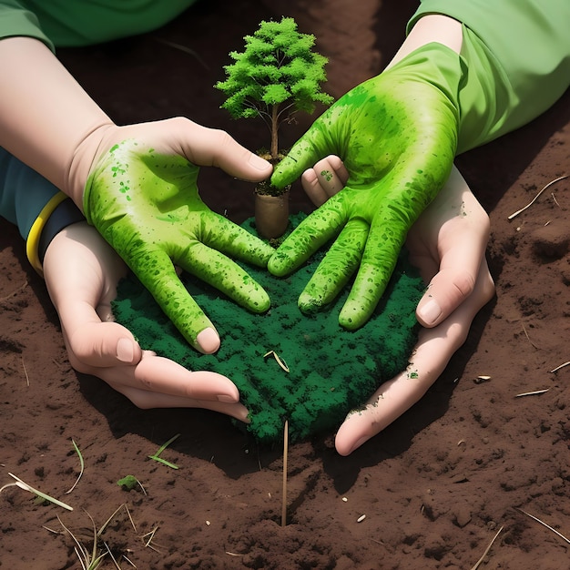 El concepto del Día Mundial del Medio Ambiente con la plantación de árboles y la tierra verde en manos voluntarias para ecologica