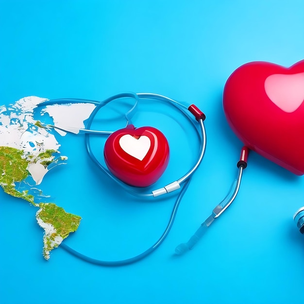 Concepto del Día Mundial de la Salud Globo estetoscópico y corazón rojo sobre fondo azul