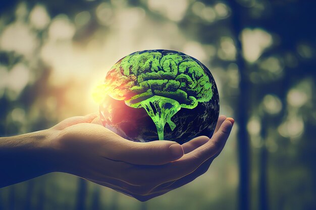 Concepto del día mundial de la salud mental Manos humanas sosteniendo el cerebro de la tierra sobre la naturaleza borrosa