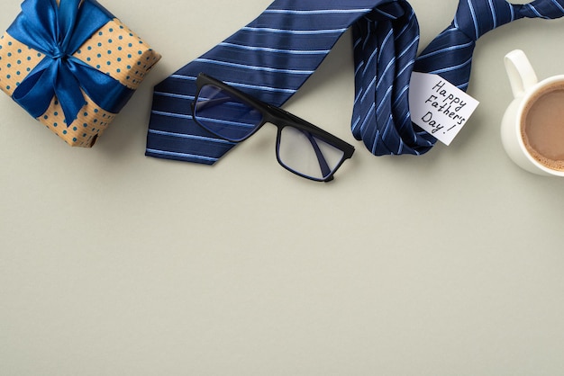 Concepto del día del padre Foto de la vista superior de la caja de regalo de lunares con lazo de cinta de seda azul corbata gafas postal y taza de café sobre fondo gris pastel aislado con espacio vacío