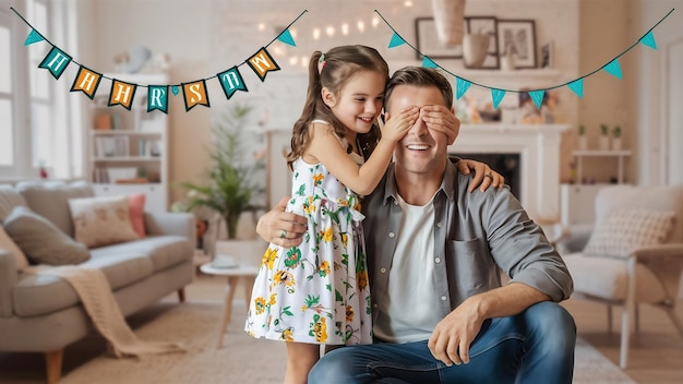 El concepto del día del padre con la hija cubriendo los ojos del padre