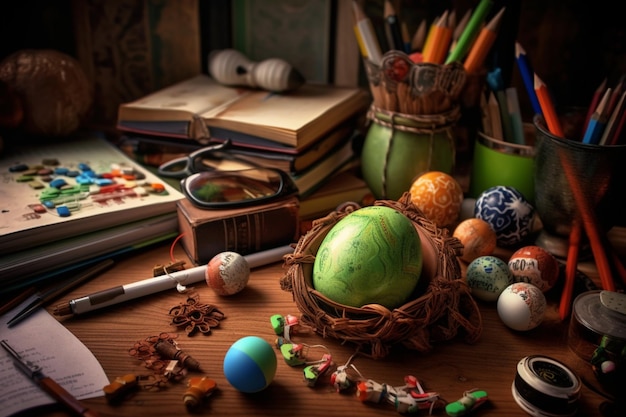 Concepto del día de pascua en el escritorio con dulces de conejito o huevo decorativo colorido Decoración pascua en la mesa