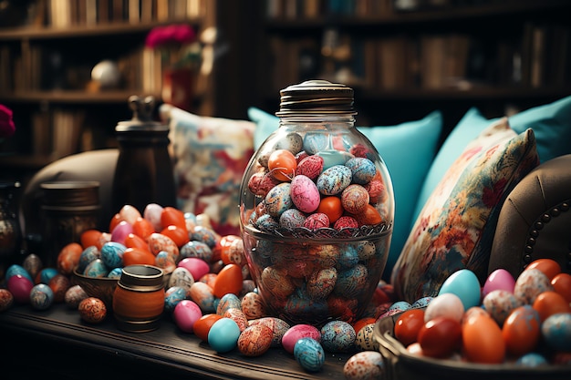 Concepto de día de Pascua en la sala de estar con dulces de conejo o huevos decorativos de colores Celebración de Pascua