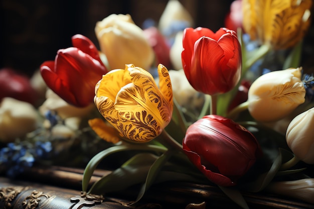 Concepto de día de Pascua en la sala de estar con dulces de conejo o huevos decorativos de colores Celebración de Pascua