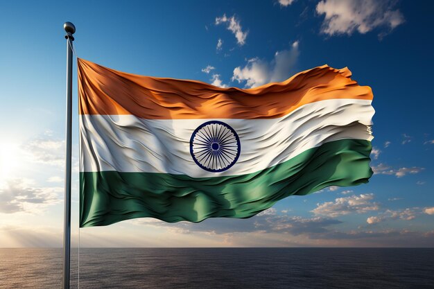 El concepto del día de la república de la India La mano sosteniendo la bandera de la India en el fondo del cielo 26 de enero